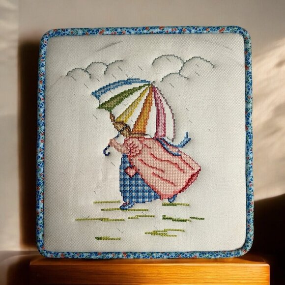 Vintage Elsa Williams Rainbow Umbrella Little Girl  Framed Cross Stitch Cottage - Picture 1 of 6